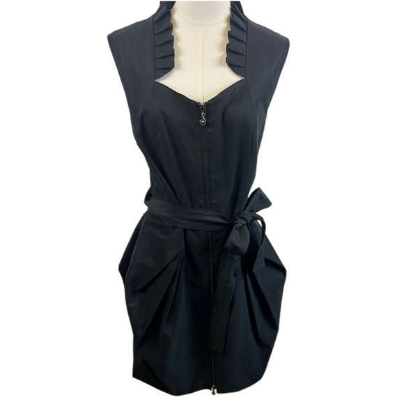 Samuel Dong Black Sleeveless Ruffle Collar Belted Tulip Dress Size XL - Picture 1 of 5